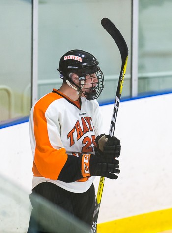 Thayer junior F Aidan McDonough celebrates his game-tying goal 11 seconds into the third period.