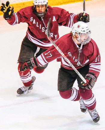 Cole Poliziani (#17) scored Salisbury's first goal, assisted by Vimal Sukumaran (#11) and Jordan Kaplan (not pictured).