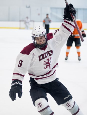 Exeter's Ted Aiken celebrates his second period goal against Thayer Tues. Dec. 19th at Warrior Arena.