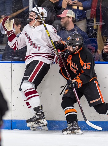 KUA's Zach Whitehead gets the better of Salisbury D Jared Crespo in Friday action at the Flood-Marr.