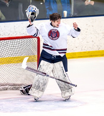 The buzzer sounds, Avon Old Farms has won its ninth Elite 8 title, and goaltender Stephen Peck lets it all out before disappearing under a wave of jub