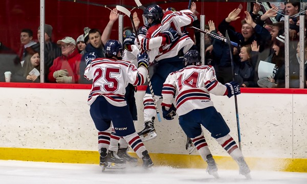 Dexter celebrates defenseman John Fusco's goal in the opening minute of last winter's 3-2 quarterfinal win at St. Sebastian's. A period later, Fusco,