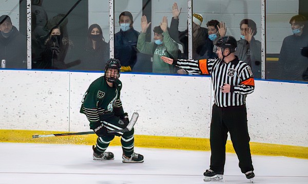 Brooks junior F Luke Dwyer celebrates his second period goal in a 5-2 win over Roxbury Latin Friday Jan. 14th in North Andover.