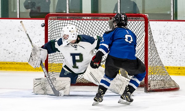 Berwick's Micheal Delage clangs his attempt at a hat trick off the far post. The senior from Quebec settled for two goals in host Berwick's 3-2 win ov
